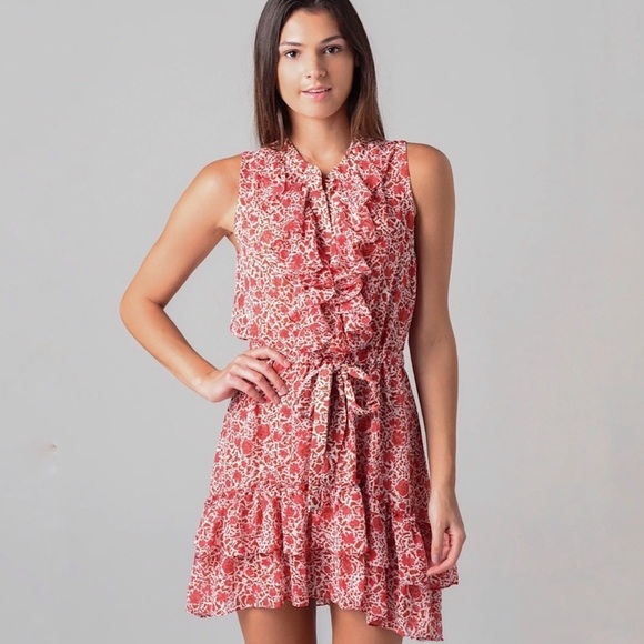 MISA Los Angeles Eba Rust White Floral Ruffle Sleeveless Mini Dress Size Large - Picture 1 of 12
